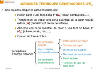 MÀQUINES TÈRMIQUES GENERADORES D’Em
06/10/2013 Unitat 2. Màquines tèrmiques 17
• Són aquelles màquines caracteritzades per:
Reben calor d’una font d’alta Tª (Qh) (solar, combustible,...).
Transformen en treball una certa quantitat de la calor rebuda
extern (W) (normalment en eix de rotació).
Alliberen una certa quantitat de calor a una font de baixa Tª
(Qc) (a l’aire, un riu, mar,...).
Operen de forma cíclica.
generadores
d’energia mecànica
de combustió
externa
de combustió
interna alternativa
de combustió
interna rotativa
• Instal·lacions de vapor
• Turbines de vapor
• D’encesa per guspira
• D’encesa per compressió
• Motor Wankel
• Turbines de gas de
cicle obert
 