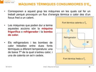 MÀQUINES TÈRMIQUES CONSUMIDORES D’Em
06/10/2013 Unitat 2. Màquines tèrmiques 65
• Corresponen a aquest grup les màquines en les quals cal fer un
treball perquè provoquin un flux d’energia tèrmica o calor des d’un
focus fred a un calent.
• Les màquines que poden dur a terme
aquestes accions són la màquina
frigorífica o refrigerador i la bomba
de calor.
• Els refrigeradors i les bombes de
calor treballen entre dues fonts
tèrmiques a diferent temperatura: una
de baixa Tª de la qual s’extreu calor, i
una de calenta on se’n cedeix.
 
