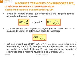 06/10/2013 Unitat 2. Màquines tèrmiques 69
• S’obté de manera inversa que l’eficiència d’una màquina tèrmica
generadora d’energia mecànica.
Coeficient d’eficiència d’un refrigerador (COP)
W
Q
COP c

ch
c
QQ
Q
COP

o també 
• I l’eficiència màxima segons el segon principi assimilada a la
màquina de Carnot es determina a partir de l’expressió:
ch
c
c
TT
T
COP


• Cal tenir present que el COP pot ser > 1, la qual cosa no indica que el
rendiment sigui > 100 %, sinó que indica la quantitat de calor extreta
per unitat de treball efectuada. En cap cas podrà ser superior a
l’obtinguda amb la màquina reversible o de Carnot (COPc).
LA MÀQUINA FRIGORÍFICA O REFRIGERADOR
MÀQUINES TÈRMIQUES CONSUMIDORES D’Em
 