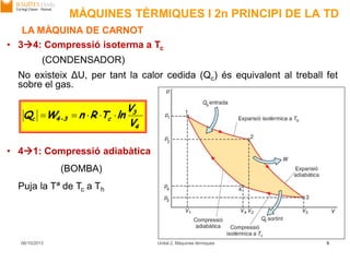 MÀQUINES TÈRMIQUES I 2n PRINCIPI DE LA TD
4
3
c3-4c
V
V
lnTRnWQ 
06/10/2013 Unitat 2. Màquines tèrmiques 9
LA MÀQUINA DE CARNOT
• 34: Compressió isoterma a Tc
(CONDENSADOR)
No existeix ΔU, per tant la calor cedida (Qc) és equivalent al treball fet
sobre el gas.
• 41: Compressió adiabàtica
(BOMBA)
Puja la Tª de Tc a Th
 
