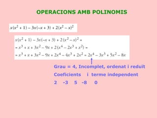 OPERACIONS AMB POLINOMIS Grau = 4, Incomplet, ordenat i reduït Coeficients  i  terme independent 2  -3  5  -8  0 