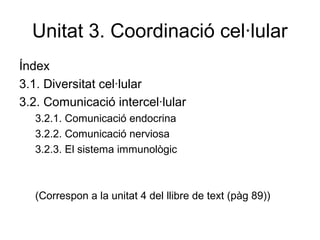 Unitat 3. Coordinació cel·lular
Índex
3.1. Diversitat cel·lular
3.2. Comunicació intercel·lular
3.2.1. Comunicació endocrina
3.2.2. Comunicació nerviosa
3.2.3. El sistema immunològic
(Correspon a la unitat 4 del llibre de text (pàg 89))
 