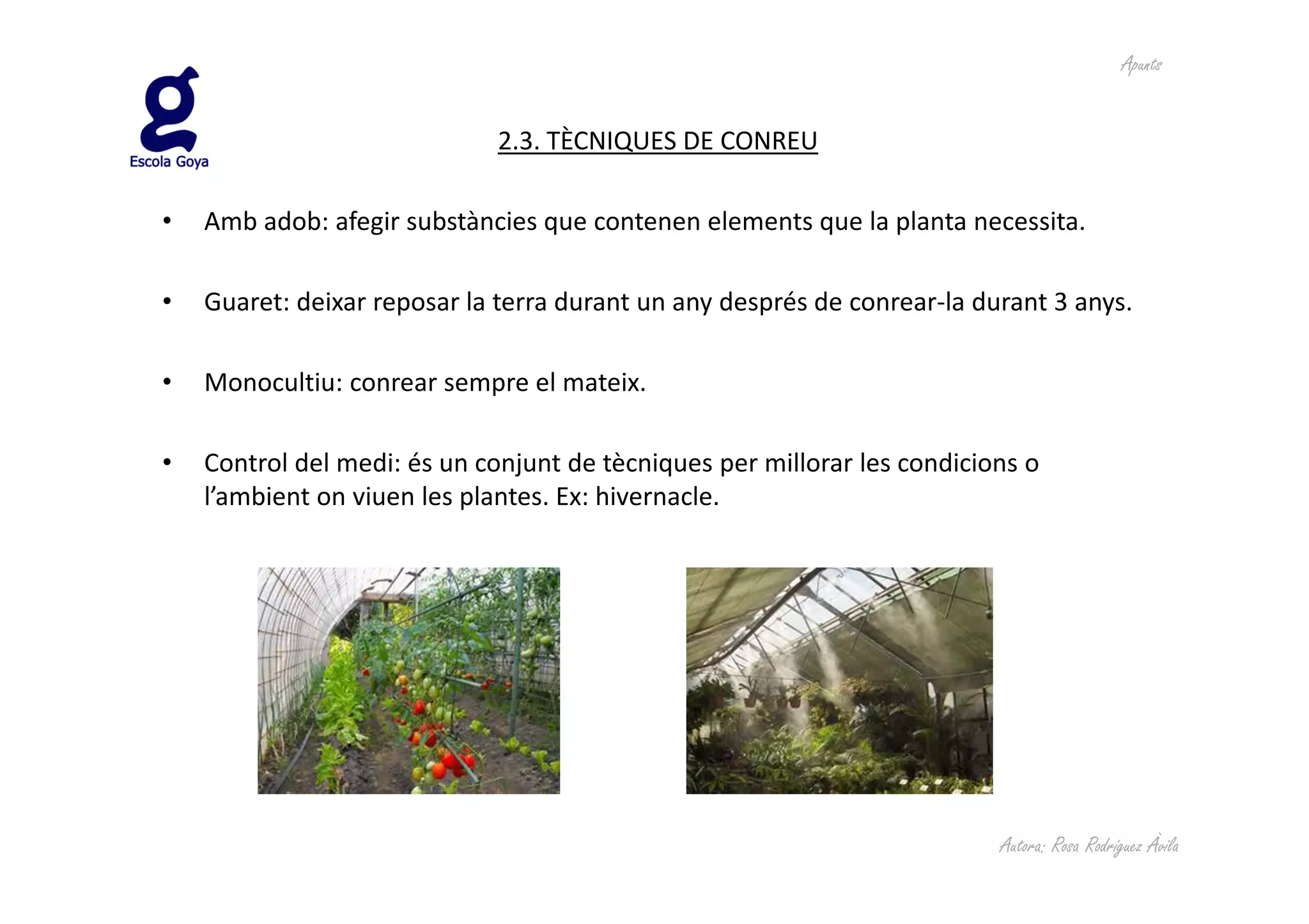 Apunts


                              2.3. TÈCNIQUES DE CONREU

•   Amb adob: afegir substàncies que contenen elements que la planta necessita.

•   Guaret: deixar reposar la terra durant un any després de conrear-la durant 3 anys.

•   Monocultiu: conrear sempre el mateix.

•   Control del medi: és un conjunt de tècniques per millorar les condicions o
    l’ambient on viuen les plantes. Ex: hivernacle.




                                                                          Autora: Rosa Rodríguez Àvila
 