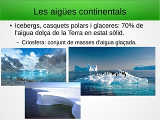 Les aigües continentals
● Icebergs, casquets polars i glaceres: 70% de
l'aigua dolça de la Terra en estat sòlid.
– Criosfera: conjunt de masses d'aigua glaçada.
 