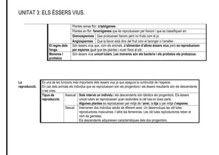 UNITAT 3: ELS ÉSSERS VIUS.
Plantes sense flor: criptógames
Plantes en flor: fanerógames que és reprodueixen per llavors i que es classifiquen en:
Gimnospermes Que produeixen llavors però no fruits com el pi.
Angiospermes Que la llavor està dins del fruit com el taronger o l’ametler.
El regne dels
fongs.
Són éssers vius que, com els animals, s’alimenten d’altres éssers vius però es reprodueixen
per espores igual que les plantes i viuen fixos al sòl.
Moneres i
protistos
Són éssers vius unicel·lulars. Les moneres són els bacteris i els protistos els protozous.
La
reproducció.
És una de les funcions més importants dels éssers vius ja que asegura la continuïtat de l’espécie.
En cas dels animals els individus que es reprodueixen són els progenitors i els éssers resultants són els descendents
o les cries.
Tipus de
reproducció.
Asexual
.
Sols intervé un individu i els descendents són idèntics als progenitors. Els éssers
unicel·lulars es reprodueixen quan esdivideix la cél·lula en dues parts.
Algunes plantes es reprodueixen per mitjà de l’arrel, la tija o per mitjà d’espores.
Sexual. Intervenen dos individus adults de diferent sexe. Un desenvolupa les cèl·lules
reproductores masculines i l’altre les femenines. Les cèl·lules reproductores reben el
nom de gametes.
Els descendents adquireixen característiques dels dos progenitors.
 