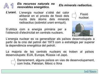Els principals països productors d’urani del món són el Canadà,
Austràlia, Nigèria i Namíbia.
Energia nuclear:
Produeix un...