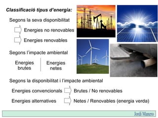 Energies
convencionals
Avantatges
Plenament instaurades
Gran poder energètic
Inconvenients
Exhauribles
Concentrades
Impact...