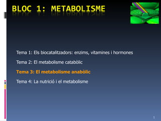 Tema 1: Els biocatalitzadors: enzims, vitamines i hormones Tema 2: El metabolisme catabòlic Tema 3: El metabolisme anabòlic Tema 4: La nutrició i el metabolisme 