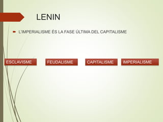 LENIN
 L’IMPERIALISME ÉS LA FASE ÚLTIMA DEL CAPITALISME
ESCLAVISME FEUDALISME IMPERIALISMECAPITALISME
 