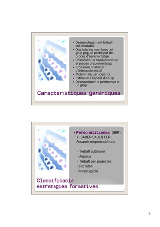 6
  Desenvolupament treball
col.laboratiu
  Que tots els membres del
grup puguin participar del
procés d’aprenentatge
  Possibilitar la involucració en
el procés d’aprenentatge
  Promoure l’habilitat
d’interacció social
  Motivar als participants
  Estimular l’esperit d’equip
  Desenvolupar la pertinença a
un grup
11
  Personalitzades (SER)
+ (SABER-SABER FER).
Assumir responsabilitats
◦ Treball autònom
◦ Assajos
◦ Treball per projectes
◦ Portafoli
◦ Investigació
12
 