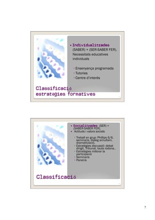 7
  Individualitzades
(SABER) + (SER-SABER FER).
Necessitats educatives
individuals
◦ Ensenyança programada
◦ Tutories
◦ Centre d’interès
13
  Socialitzades (SER) +
(SABER-SABER FER).
  Actituds i valors socials
◦  Treball en grup: Phillips 6/6,
seminaris, diàleg simultani,
dramatització,
◦  Estratègies discussió: debat
dirigit, Tribunal, taula rodona..
◦  Estratègies millorar la
participació
◦  Seminaris
◦  Panel.ls
14
 