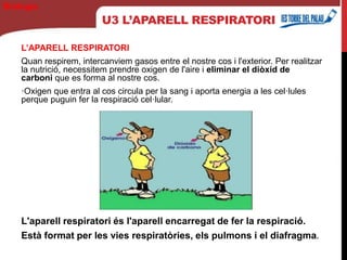 U3 L’APARELL RESPIRATORI
L’APARELL RESPIRATORI
Quan respirem, intercanviem gasos entre el nostre cos i l'exterior. Per realitzar
la nutrició, necessitem prendre oxigen de l'aire i eliminar el diòxid de
carboni que es forma al nostre cos.
·Oxigen que entra al cos circula per la sang i aporta energia a les cel·lules
perque puguin fer la respiració cel·lular.
L'aparell respiratori és l'aparell encarregat de fer la respiració.
Està format per les vies respiratòries, els pulmons i el diafragma.
Biología
 