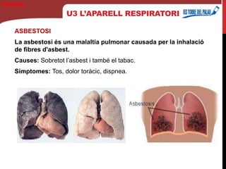ASBESTOSI
La asbestosi és una malaltia pulmonar causada per la inhalació
de fibres d'asbest.
Causes: Sobretot l’asbest i també el tabac.
Símptomes: Tos, dolor toràcic, dispnea.
U3 L’APARELL RESPIRATORI
Biología
 