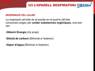 U3 L’APARELL RESPIRATORI
RESPIRACIÓ CÈL·LULAR:
La respiració cel·lular és el procés en el qual la cèl·lula
consumeix oxigen per oxidar substancies orgàniques, com pot
ser:
-Obtenir Energia (Ús propi)
-Diòxid de carboni (Eliminat a l’esterior)
-Vapor d'aigua (Eliminat a l’exterior)
Biología
 