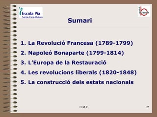 H.M.C. La Revolució Francesa (1789-1799) Napoleó Bonaparte (1799-1814) L’Europa de la Restauració Les revolucions liberals (1820-1848) La construcció dels estats nacionals Sumari 