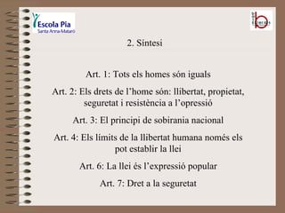 2. Síntesi Art. 1: Tots els homes són iguals Art. 2: Els drets de l’home són: llibertat, propietat, seguretat i resistència a l’opressió Art. 3: El principi de sobirania nacional Art. 4: Els límits de la llibertat humana només els pot establir la llei Art. 6: La llei és l’expressió popular Art. 7: Dret a la seguretat 