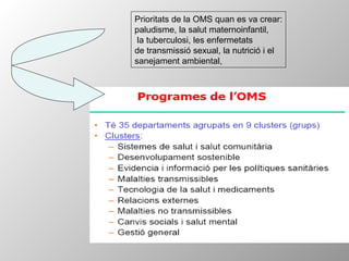 Prioritats de la OMS quan es va crear: paludisme, la salut maternoinfantil, la tuberculosi, les enfermetats de transmissió sexual, la nutrició i el sanejament ambiental, 