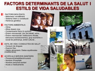 FACTORS DETERMINANTS DE LA SALUT  I ESTILS DE VIDA SALUDABLES FACTORS BIOLÒGICS: - Maduresa i envelliment - Sistema intern o constitució - Herència genètica FACTORS AMBIENTALS: - Clima - Altres éssers vius - Contaminants físics i/o químics - Entorn microsocial: Lloc de treball, veïns... - Entorn macrosocial: Institucions oficials,    estructura socioeconòmica, grup econòmic o   social de pertinença, àmbit cultural... ESTIL DE VIDA I CONDUCTES DE SALUT - Consum de drogues - Exercici físic - Hàbits alimentaris: Dietes equilibrades (mediterrània)  ACCÉS ALS SERVEIS SANITARIS - Prevenció/rehabilitació/curació - Nombre d’hospitals - Nombre personal sanitari - Accés a medicaments - .. 