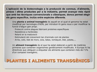 PLANTES I ALIMENTS TRANSGÈNICS Protecció contra plagues fabricant proteïnes específiques Resistència a herbicides Retard en la maduració Estimulació del creixement tan d’animals com de plantes Arròs, cotó, blat de moro, soia, tabac, tomàquet, blat, patata,... Un  aliment transgènic  és el que ha estat elaborat a partir de matèries primeres que contenen organismes genèticament modificats. A Europa hi ha directives que obliguen a etiquetar els aliments que contenen més de l’1% d’un compost transgènic. Altres països com EEUU no contemplen aquesta obligació. L’aplicació de la biotecnologia a la producció de conreus, d’aliments, pinsos i altres productes per a la indústria, permet avançar més ràpid que amb les tècniques convencionals o clàssiques, doncs permet elegir els gens específics, inclús entre espècies diferents .  Una  planta o animal transgènic  és aquell en el qual el genoma ha estat modificat per tecnologia d’ADN, per introduir-hi gens nous o per modificar la funció d’algun gen propi. 