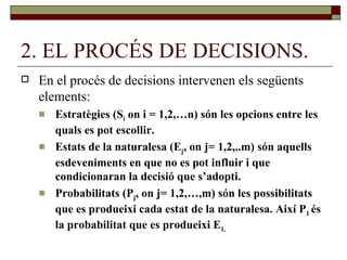 2. EL PROCÉS DE DECISIONS. En el procés de decisions intervenen els següents elements: Estratègies (S i  on i = 1,2,…n) són les opcions entre les quals es pot escollir. Estats de la naturalesa (E j , on j= 1,2,..m) són aquells esdeveniments en que no es pot influir i que condicionaran la decisió que s’adopti. Probabilitats (P j , on j= 1,2,…,m) són les possibilitats que es produeixi cada estat de la naturalesa. Així P 1  és la probabilitat que es produeixi E 1. 