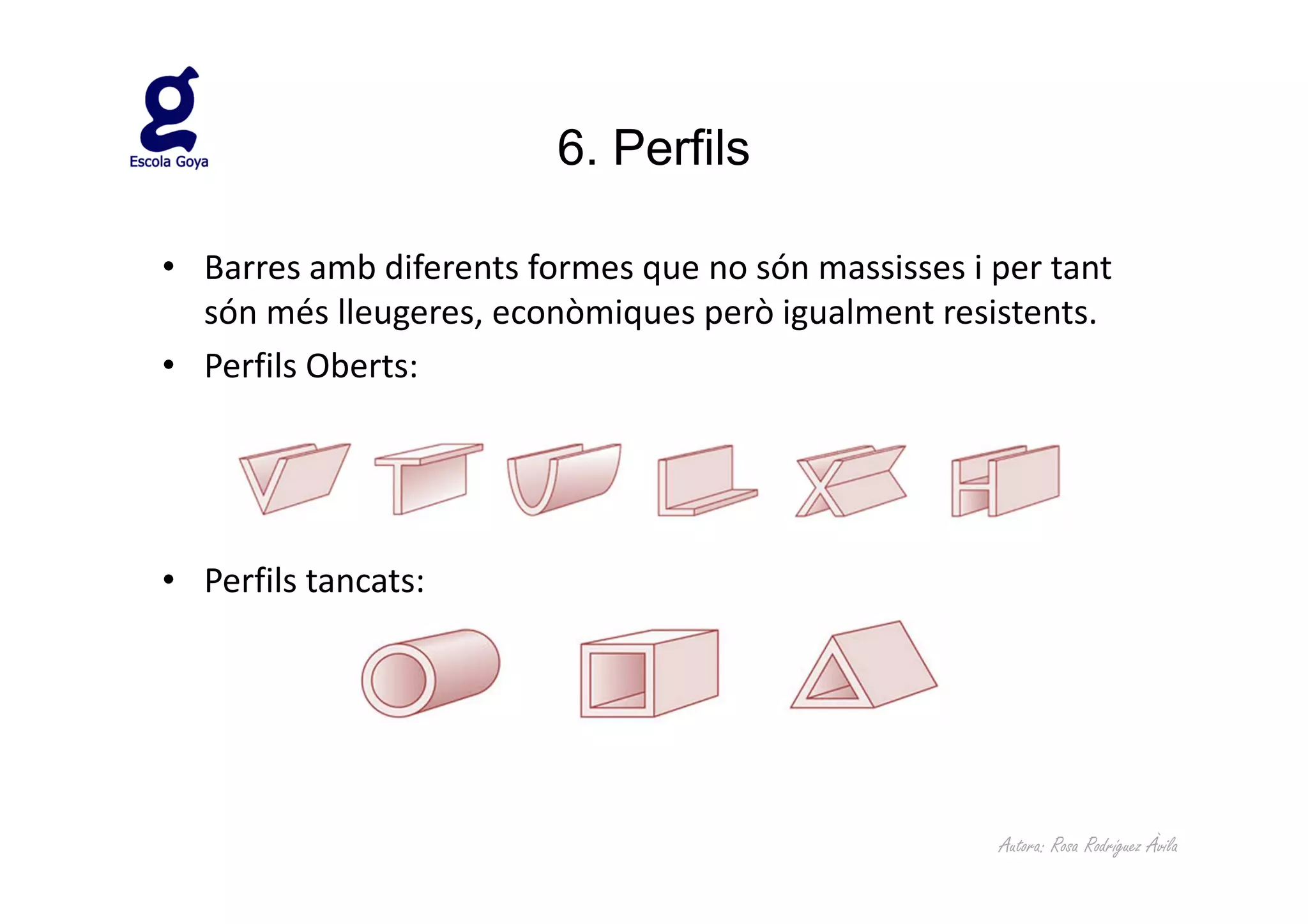 6. Perfils

• Barres amb diferents formes que no són massisses i per tant
  són més lleugeres, econòmiques però igualment resistents.
• Perfils Oberts:




• Perfils tancats:




                                                     Autora: Rosa Rodríguez Àvila
 