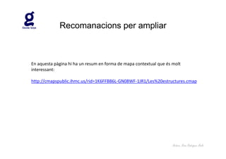 Recomanacions per ampliar



En aquesta pàgina hi ha un resum en forma de mapa contextual que és molt
interessant:

http://cmapspublic.ihmc.us/rid=1K6FFBB6L-GN08WF-1JR1/Les%20estructures.cmap




                                                                    Autora: Rosa Rodríguez Àvila
 