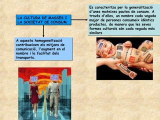 Es caracteritza per la generalització
                               d'unes mateixes pautes de consum. A
                               través d'elles, un nombre cada vegada
LA CULTURA DE MASSES I
                               major de persones consumeix idèntics
LA SOCIETAT DE CONSUM
                               productes, de manera que les seves
                               formes culturals són cada vegada més
                               similars

A aquesta homogeneïtzació
contribueixen els mitjans de
comunicació, l'augment en el
nombre i la facilitat dels
transports.
 