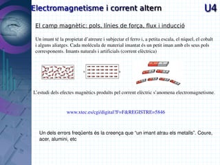 El camp magnètic: pols, línies de força, flux i inducció

Un imant té la propietat d’atreure i subjectar el ferro i, a petita escala, el níquel, el cobalt 
i alguns aliatges. Cada molécula de material imantat és un petit iman amb els seus pols 
corresponents. Imants naturals i artificials (corrent elèctrica)




L’estudi dels efectes magnètics produïts pel corrent elèctric s’anomena electromagnetisme.


                 www.xtec.es/cgi/digital?F=F&REGISTRE=5846



  Un dels errors freqüents és la creença que “un imant atrau els metalls”. Coure, 
  acer, alumini, etc
 