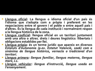 Llengua oficial : La llengua o idioma oficial d'un país és l'idioma que s'adopta com a pròpia i preferent en les negociacions entre el govern i el poble o entre aquell país i d'altres. És la llengua de cada institució i normalment respon a la llengua històrica de la zona.  Llengua cooficial : llengua oficial en un territori juntament amb una altra o altres. drets i deures lingüístics: llibertats i obligacions establides per llei.  Llengua pròpia : és un terme jurídic que apareix en diversos  Estatuts d'Autonomia (p.ex. Estatut Valencià, 2006) com a sinònima de llengua històrica, vernacla o tradicional d'un territori.  Llengua primera : llengua familiar, llengua materna, llengua mare, L1.  Llengua vehicular : llengua d'instrucció, llengua usada en l'ensenyament.  