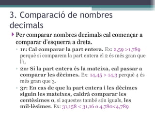 3. Comparació de nombres decimals Per comparar nombres decimals cal començar a comparar d’esquerra a dreta.  1r: Cal comparar la part entera.  Ex:  2,59 >1,789  perquè si comparem la part entera el 2 és més gran que l’1. 2n: Si la part entera és la mateixa, cal passar a comparar les dècimes.  Ex:  14,45 > 14,3  perquè 4 és més gran que 3. 3r: En cas de que la part entera i les dècimes siguin les mateixes, caldrà comparar les centèsimes o , si aquestes també són iguals,  les mil·lèsimes . Ex:  31,158 < 31,16 o 4,780<4,789 