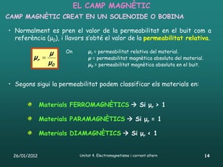 EL CAMP MAGNÈTIC
CAMP MAGNÈTIC CREAT EN UN SOLENOIDE O BOBINA

• Normalment es pren el valor de la permeabilitat en el buit com a
  referència (μ0), i llavors s’obté el valor de la permeabilitat relativa.

              μ      On        μr = permeabilitat relativa del material.
         μr                   μ = permeabilitat magnètica absoluta del material.
              μ0               μ0 = permeabilitat magnètica absoluta en el buit.



• Segons sigui la permeabilitat podem classificar els materials en:


              Materials FERROMAGNÈTICS  Si μr > 1

              Materials PARAMAGNÈTICS  Si μr = 1

              Materials DIAMAGNÈTICS  Si μr < 1


 26/01/2012                Unitat 4. Electromagnetisme i corrent altern             14
 