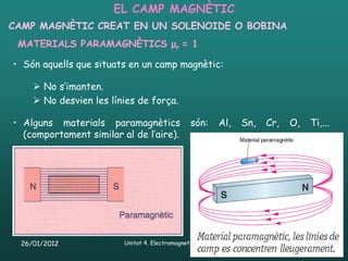 EL CAMP MAGNÈTIC
CAMP MAGNÈTIC CREAT EN UN SOLENOIDE O BOBINA
 MATERIALS PARAMAGNÈTICS μr = 1

• Són aquells que situats en un camp magnètic:

     No s’imanten.
     No desvien les línies de força.

• Alguns materials paramagnètics                 són:      Al,     Sn,   Cr,   O,   Ti,...
  (comportament similar al de l’aire).




 26/01/2012              Unitat 4. Electromagnetisme i corrent altern                 15
 