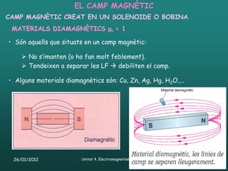 EL CAMP MAGNÈTIC
CAMP MAGNÈTIC CREAT EN UN SOLENOIDE O BOBINA
 MATERIALS DIAMAGNÈTICS μr < 1

• Són aquells que situats en un camp magnètic:

     No s’imanten (o ho fan molt feblement).
     Tendeixen a separar les LF  debiliten el camp.

• Alguns materials diamagnètics són: Cu, Zn, Ag, Hg, H2O,...




 26/01/2012             Unitat 4. Electromagnetisme i corrent altern   16
 