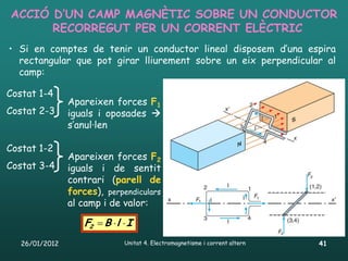 ACCIÓ D’UN CAMP MAGNÈTIC SOBRE UN CONDUCTOR
      RECORREGUT PER UN CORRENT ELÈCTRIC
• Si en comptes de tenir un conductor lineal disposem d’una espira
  rectangular que pot girar lliurement sobre un eix perpendicular al
  camp:

Costat 1-4
                Apareixen forces F1
Costat 2-3      iguals i oposades 
                s’anul·len

Costat 1-2
                Apareixen forces F2
Costat 3-4      iguals i de sentit
                contrari (parell de
                forces), perpendiculars
                al camp i de valor:

                    F2  B  l  I
   26/01/2012                  Unitat 4. Electromagnetisme i corrent altern   41
 