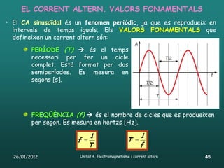 EL CORRENT ALTERN. VALORS FONAMENTALS
• El CA sinusoïdal és un fenomen periòdic, ja que es reprodueix en
  intervals de temps iguals. Els VALORS FONAMENTALS que
  defineixen un corrent altern són:
         PERÍODE (T)  és el temps
         necessari per fer un cicle
         complet. Està format per dos
         semiperíodes. Es mesura en
         segons [s].




         FREQÜÈNCIA (f)  és el nombre de cicles que es produeixen
         per segon. Es mesura en hertzs [Hz].

                           1                             1
                       f                         T 
                           T                             f
  26/01/2012            Unitat 4. Electromagnetisme i corrent altern   45
 