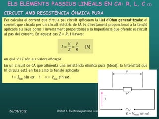 ELS ELEMENTS PASSIUS LINEALS EN CA: R, L, C                     (1)

CIRCUIT AMB RESISTÈNCIA ÒHMICA PURA




 26/01/2012       Unitat 4. Electromagnetisme i corrent altern   57
 