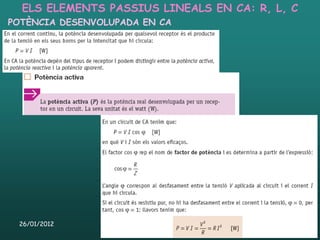 ELS ELEMENTS PASSIUS LINEALS EN CA: R, L, C
POTÈNCIA DESENVOLUPADA EN CA




 26/01/2012       Unitat 4. Electromagnetisme i corrent altern   63
 