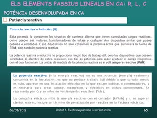 ELS ELEMENTS PASSIUS LINEALS EN CA: R, L, C
POTÈNCIA DESENVOLUPADA EN CA




 26/01/2012       Unitat 4. Electromagnetisme i corrent altern   65
 