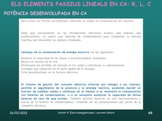 ELS ELEMENTS PASSIUS LINEALS EN CA: R, L, C
POTÈNCIA DESENVOLUPADA EN CA




 26/01/2012       Unitat 4. Electromagnetisme i corrent altern   69
 