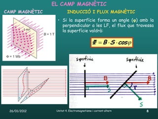 EL CAMP MAGNÈTIC
CAMP MAGNÈTIC            INDUCCIÓ I FLUX MAGNÈTIC
                  • Si la superfície forma un angle (φ) amb la
                    perpendicular a les LF, el flux que travessa
                    la superfície valdrà:

                                             Φ  B  S  cos




 26/01/2012      Unitat 4. Electromagnetisme i corrent altern   8
 