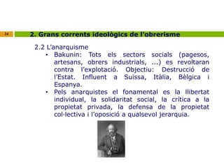 24 2. Grans corrents ideològics de l’obrerisme 
2.2 L’anarquisme 
• Bakunin: Tots els sectors socials (pagesos, 
artesans, obrers industrials, ...) es revoltaran 
contra l’explotació. Objectiu: Destrucció de 
l’Estat. Influent a Suïssa, Itàlia, Bèlgica i 
Espanya. 
• Pels anarquistes el fonamental es la llibertat 
individual, la solidaritat social, la crítica a la 
propietat privada, la defensa de la propietat 
col·lectiva i l’oposició a qualsevol jerarquia. 
 