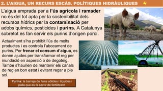 L’aigua emprada per a l’ús agrícola i ramader
no és del tot apta per la sostenibilitat dels
recursos hídrics per la contam...