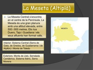 La Meseta (Altiplà)
 La Meseta Central s’encontra
en el centre de la Península. La
Meseta és una gran planura
amb una altitud elevada, entre
500 i 800 metres. Els rius
Duero, Tajo i Guadiana i els
seus afluents han format valls.
Interior: Sistema Central (Serra de
Gata, de Gredos, de Guadarrama i de
Alyllón) i Monts de Toledo
Exteriors: Monts de Lleó, Serralada
Cantàbrica, Sistema Ibèric, Serra
Morena
 