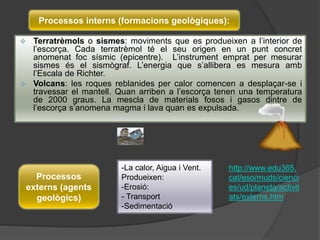  Terratrèmols o sismes: moviments que es produeixen a l’interior de
l’escorça. Cada terratrèmol té el seu origen en un punt concret
anomenat foc sísmic (epicentre). L’instrument emprat per mesurar
sismes és el sismògraf. L’energia que s’allibera es mesura amb
l’Escala de Richter.
 Volcans: les roques reblanides per calor comencen a desplaçar-se i
travessar el mantell. Quan arriben a l’escorça tenen una temperatura
de 2000 graus. La mescla de materials fosos i gasos dintre de
l’escorça s’anomena magma i lava quan es expulsada.
-La calor, Aigua i Vent.
Produeixen:
-Erosió:
- Transport
-Sedimentació
Processos interns (formacions geològiques):
Processos
externs (agents
geològics)
http://www.edu365.
cat/eso/muds/cienci
es/ud/planeta/activit
ats/externs.htm
 