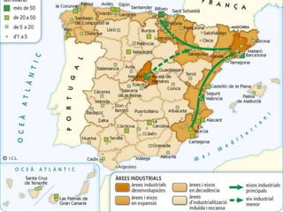 Júlia López Valera
5.CONEIX.LESACTIVITATSINDUSTRIALSAESPANYA
L’àrea industrial de Madrid atreu per la seva centralitat sectors d'alta
tecnologia i inversions estrangeres.
L’aportació d'Andalusia al volum de negocis de la indústria espanyola és del 10%.
Les indústries es localitzen a Sevilla, Cadis i Huelva.
La cornisa cantàbrica i Galícia aporten un 10% del volum de negoci industrial,
basat en la siderúrgia i els productes metàl·lics. Malgrat que contenen zones
molt actives, hi ha àrees discontínues sense industrialitzar.
El centre peninsular, amb una mica més del 40% del territori espanyol, amb prou
feines sobrepassa el 10% del volum industrial del país. Es concentra a Valladolid i
Burgos.
Illes Balears i Canàries: els arxipèlags tenen un pes industrial menor.
 