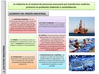 1.L’ACTIVITATINDUSTRIAL La indústria és el conjunt de processos necessaris per transformar matèries
primeres en productes elaborats o semielaborats.
ELEMENTS DEL PROCÉS INDUSTRIAL
Les MATÈRIES PRIMERES. Són els
recursos que ofereix la natura i que són
transformats, mitjançant un procés
industrial, en productes elaborats (per
al consum directe) o semielaborats
(quan necessiten altres processos de
transformació abans de ser consumits).
EL TREBALL. És l'activitat que fan els
treballadors i professionals a canvi d'un
salari. L'empresari és la persona que
dirigeix la indústria o n'és propietària.
LES FONTS D'ENERGIA. Són forces que
s'obtenen de la natura i que serveixen
per transformar les matèries primeres.
L'ORGANITZACIÓ DE L'EMPRESA. Per
assegurar la producció industrial és
indispensable una organització i una
gestió que combini amb eficiència tots
els elements amb la finalitat d'obtenir
productes de qualitat a un preu
raonable.
LA TECNOLOGIA. És el conjunt de la
maquinària i els materials necessaris
per a la producció, així com dels
coneixements indispensables per
utilitzar-los.
EL CAPITAL. Perquè l’activitat industrial
sigui possible cal invertir diners en les
instal·lacions i en la fabricació i la
comercialització dels productes. Una
part d'aquest capital s'obté dels
beneficis de la venda dels productes.
Els beneficis s'aconsegueixen de vendre
els productes a un preu superior al
preu de fabricació.
 