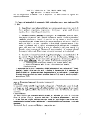 Unitat 5. La construcció de l`Estat Liberal (1833-1868).
Dpt. d`Història. IES GUADASSUAR
121
2
més de mil presoners. O Donell s`exilia a Anglaterra i els lliberals també se separen dels
moderats definitivament
2.6.-Causes de la caiguda de la monarquia. 1868. (açò enllaça amb el tema 6 pàgines 130-
131 llibre)
1) La política represiva i autoritària del govern (moderat), que excloïa a la resta de
forces polítiques (republicans, progressistes i demòcrates) i grups socials (classes
populars, classes mitges i burguesía industrial).
2) La crisi econòmica (1866-68),de doble signe: * de subsistències,destacant el Blas,
amb pujades de preu del 100%, generant un clima de malestar i violencia generalitzat;
*moderna, afectant a les finances i el ferrocarril. Un cop construït el ferrocarril, aquest
no generarà beneficis (tampoc hi havia cap cosa per a transportar per la crisi) i el valor de
les accions del ff.cc. va caure i això afectà el Deute Públic i el sistema financer. D`altra
banda, el textil català entrà en crisi per la manca de matèria primera (cotó) a causa de la
guerra civil americana (1861-65)i la crisi de subsistències del camp castellà (els
llauradors pobres no compren). Aleshores, els grans negociants i la burguesia industrial
demandaràn la intervenció del govern per a recuperar els negocis (proteccionisme).
3) La crisi econòmica i l`autoritarisme polític,multipliquen les manifestacions de
descontent: “ Noche de San Daniel”, 1865; Revolta dels Sargentos, 1866 (ja vist).
Així, l`oposició política liberal i democràtica (progressistes i demòcrates) signarà un
acord –Pacte d`Ostende, 1866-, que establirà les bases d`un nou règim polític:
La forma de govern –monarquia o república- serà decidida per les Corts;
La destrucció del sistema polític de 1845 i el destronament d`Isabel II;
El sufragi universal.
A aquest pacte s`afegiràn els unionistes el 1867, després de la mort del general O`Donell,
contrari a qualsevol insurrecció. Això va facilitar la incorporació de la major part de
l`exèrcit, dirigit per Serrano, atorgant al pronunciament un carácter més conservador,
front als demòcrates i els moviments populars. Aquesta és la base de les discrepàncies
posteriors a 1868.
Annexe .Conceptes importants: (venen del tema anterior)
Liberalisme.
És una concepció del món/ideologia forjada en l`oposició a l`Antic Regim i procedent dels
escrits, pel que fa als aspectespolítics,dels il.lustrats francesos,Montesquieu, Rousseau, etc
i en els liberals anglesos, John Locke (i els escrits d`Adam Smith i David Ricardo pels aspectes
econòmics).
Caracteristiques:
*Els liberals entenen que la societat es troba formada per individus que tracten de satisfer tota
classe de pasions i desitjos. Aquestos individus s`organitzen políticamente i aixi naix
l`ESTAT, com un conjunt d`institucions que tenen per objectiu preservar certs drets
considerats inviolables, com ara la llibertat d`expressió,la llibertat econòmica o el dret a la
propietat.
*Per tant, els liberals entenen que l`Estat es caracteritza per:
 