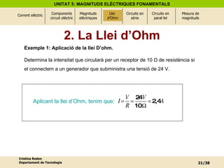 Exemple 1: Aplicació de la llei D’ohm. Determina la intensitat que circularà per un receptor de 10 Ω de resistència si el connectem a un generador que subministra una tensió de 24 V. Llei  d’Ohm 2. La Llei d’Ohm Aplicant la llei d’Ohm, tenim que:  