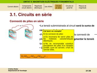 Connexió de piles en   sèrie Cal tenir en compte! En la connexió de piles: a ) Es recomana fer servir piles de les mateixes característiques elèctriques. b)  No és recomanable substituir parcialment les piles d’un receptor portàtil; quan es canvien, s’han de canviar totes. 3.1. Circuits en sèrie V T =V PILA1 +V PILA2 +V PILA3 +… Circuits en sèrie La tensió subministrada al circuit  serà la suma de  cadascuna de les piles.   Per tant, podem concloure que la connexió de  piles en sèrie es fa servir per  augmentar la tensió   que cal subministrar a un circuit. Exemple: pila de petaca 