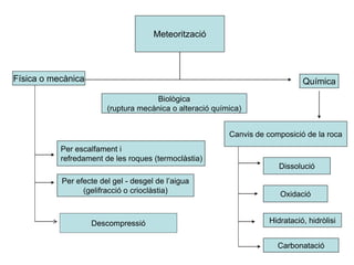 Meteorització
Física o mecànica Química
Per escalfament i
refredament de les roques (termoclàstia)
Per efecte del gel - desgel de l’aigua
(gelifracció o crioclàstia)
Biològica
(ruptura mecànica o alteració química)
Canvis de composició de la roca
Dissolució
Oxidació
Carbonatació
Hidratació, hidròlisiDescompressió
 